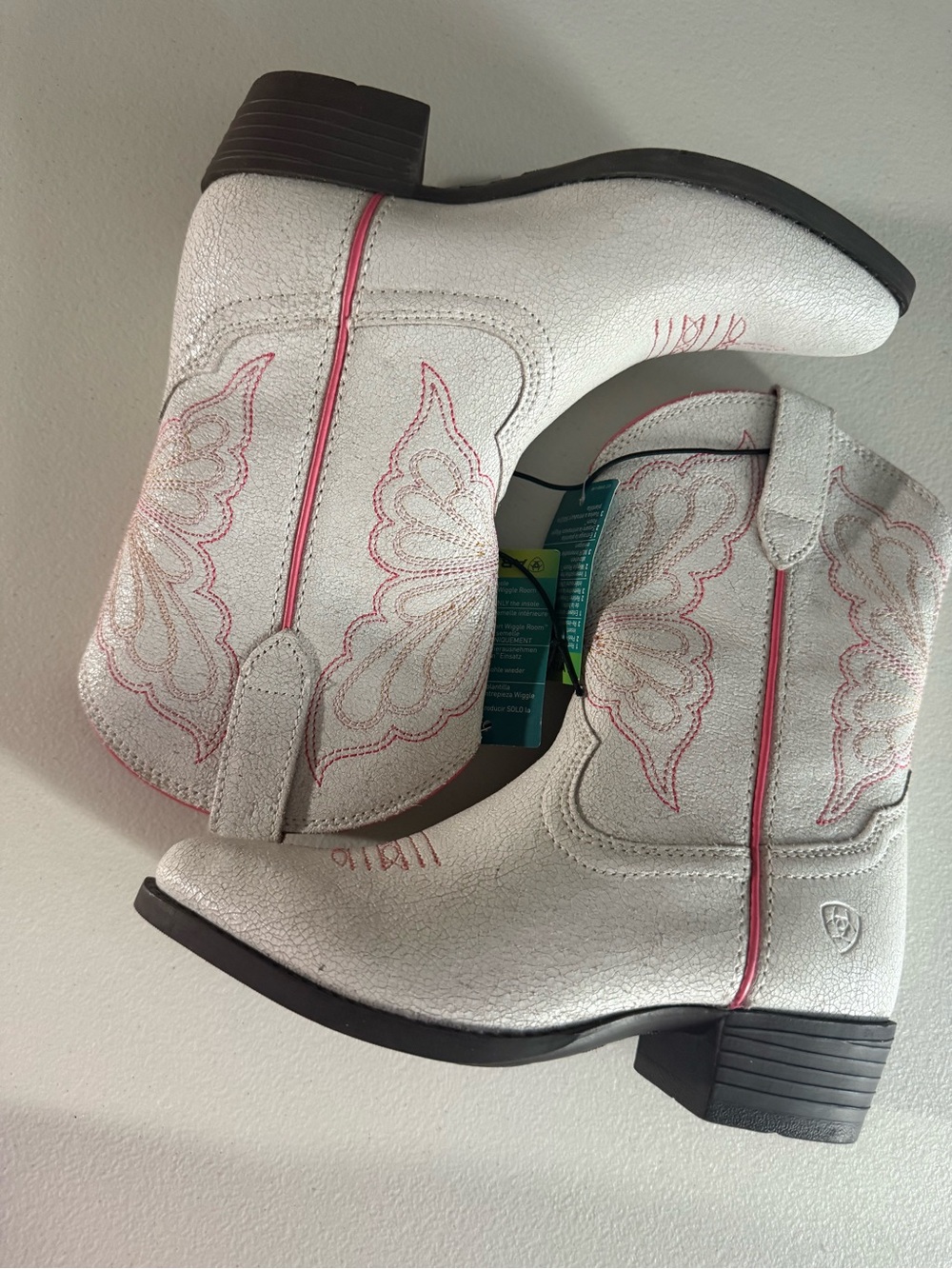 Ariat White Kids Western Boots with Pink Trim - Picture 4 of 10